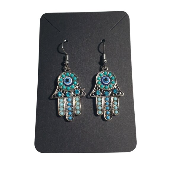 Hamsa Evil Eye Dangle Earrings Artisan Craft Metal Lightweight Spiritual Gift - Picture 1 of 4
